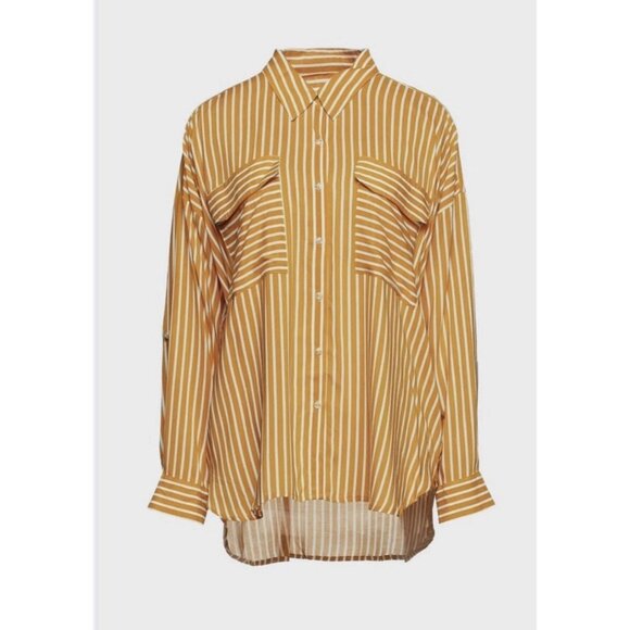 Seafolly New Voile Mustard Yellow Striped Button Down Long Sleeve Top Small - Picture 3 of 7